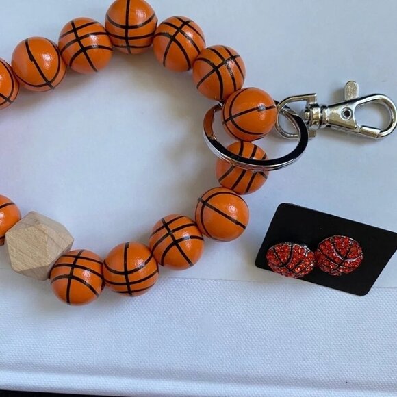 Basketball Wooden Keychain and Sparkly Basketball Stud Earrings - Picture 4 of 4